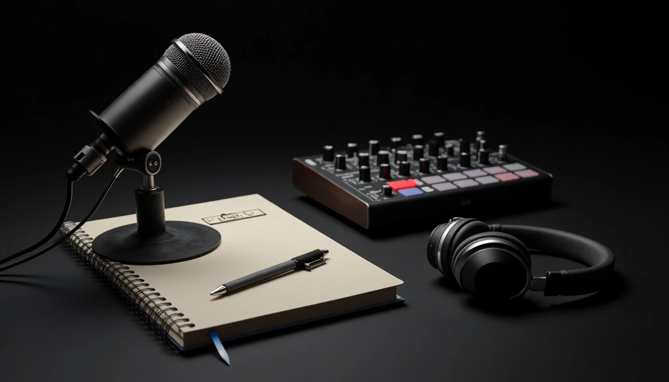 Estudio de radio profesional con micrófono vintage y equipo de sonido de Radio Futuro.