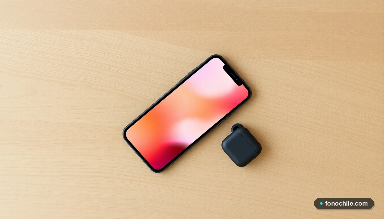 Disposición aérea de un teléfono inteligente y un estuche de auriculares inalámbricos sobre una mesa de madera clara.