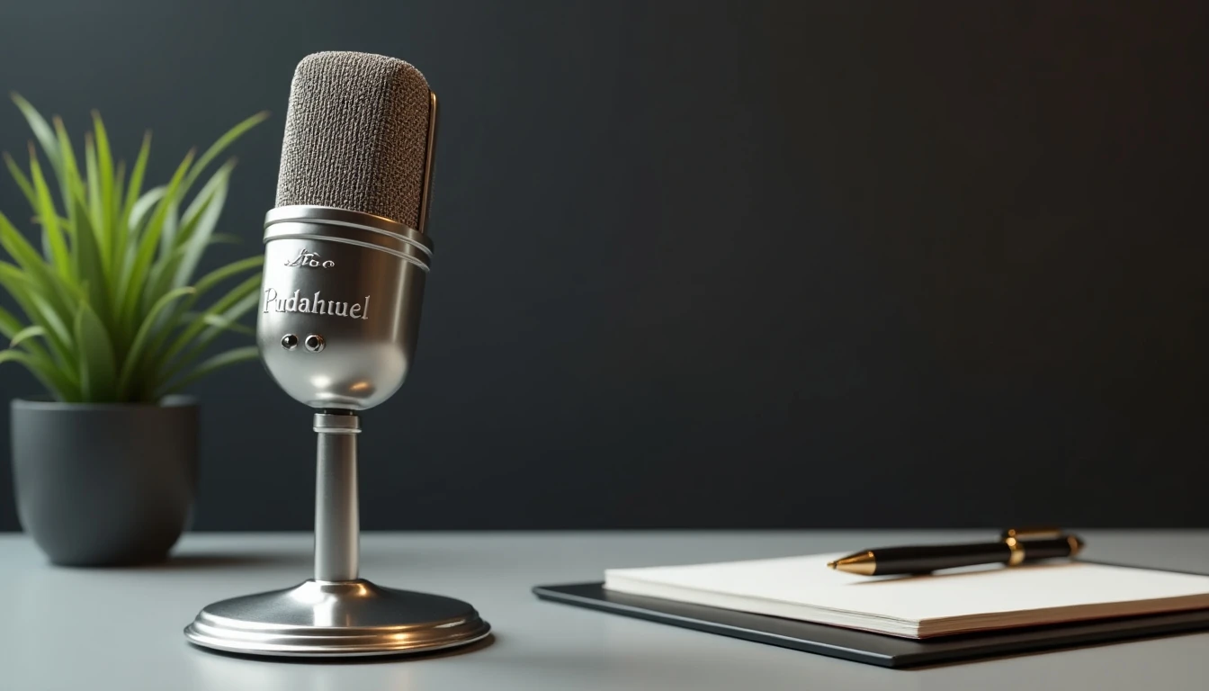 Micrófono de radio con logo de Radio Pudahuel 90.5 FM en estudio profesional