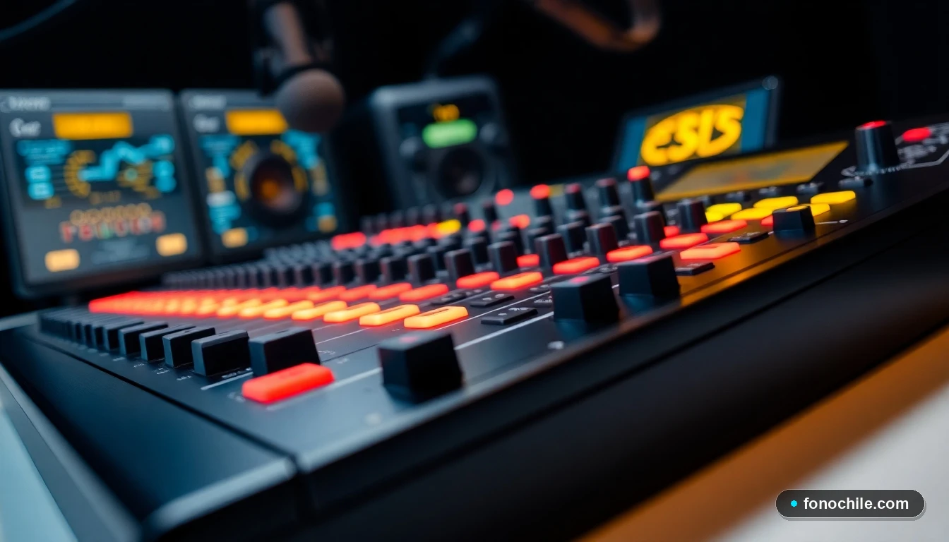 Primer plano detallado de una mesa de mezclas de radio profesional con LEDs encendidos en un estudio oscuro.