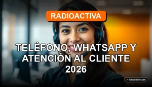 Un teléfono móvil moderno con pantalla de gráficos abstractos, sobre una mesa de madera clara, junto a auriculares. Atención al cliente de RadioActiva.