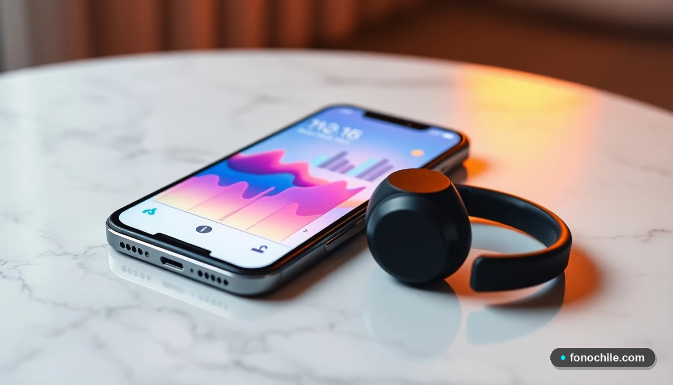 Primer plano de un teléfono inteligente y auriculares inalámbricos sobre una superficie de mármol, mostrando gráficos de datos en pantalla. Concepto de tecnología y atención al cliente de RadioActiva.