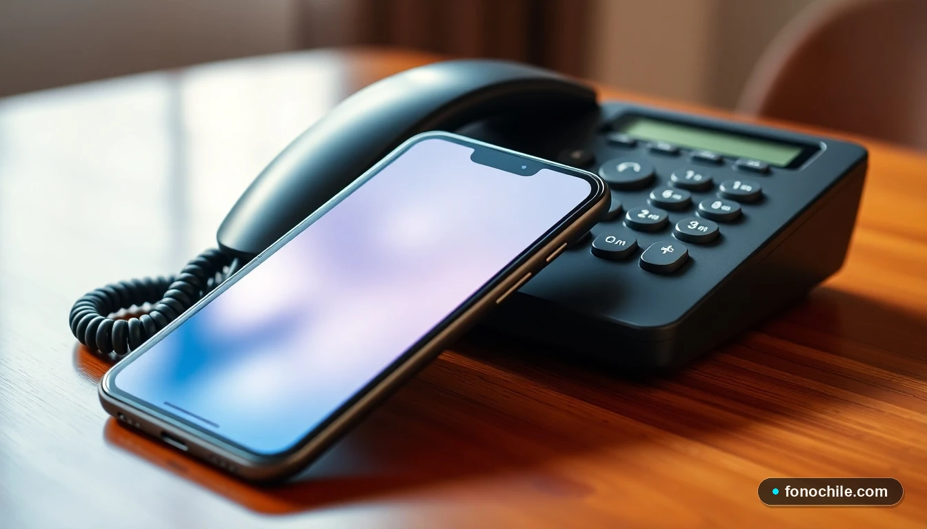 Primer plano de un teléfono celular y un teléfono fijo descansando sobre una mesa de madera, junto a la gorra de Carabineros de Chile.