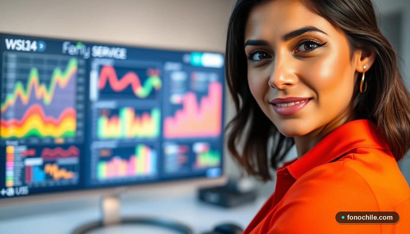 Una asesora de Caterpillar Chile en la oficina, con pantalla de datos de fondo