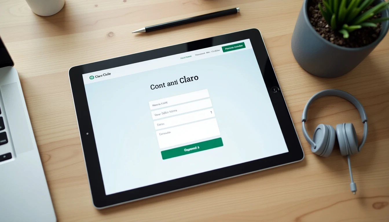 Tablet mostrando la página de contacto de Claro Chile en un escritorio moderno