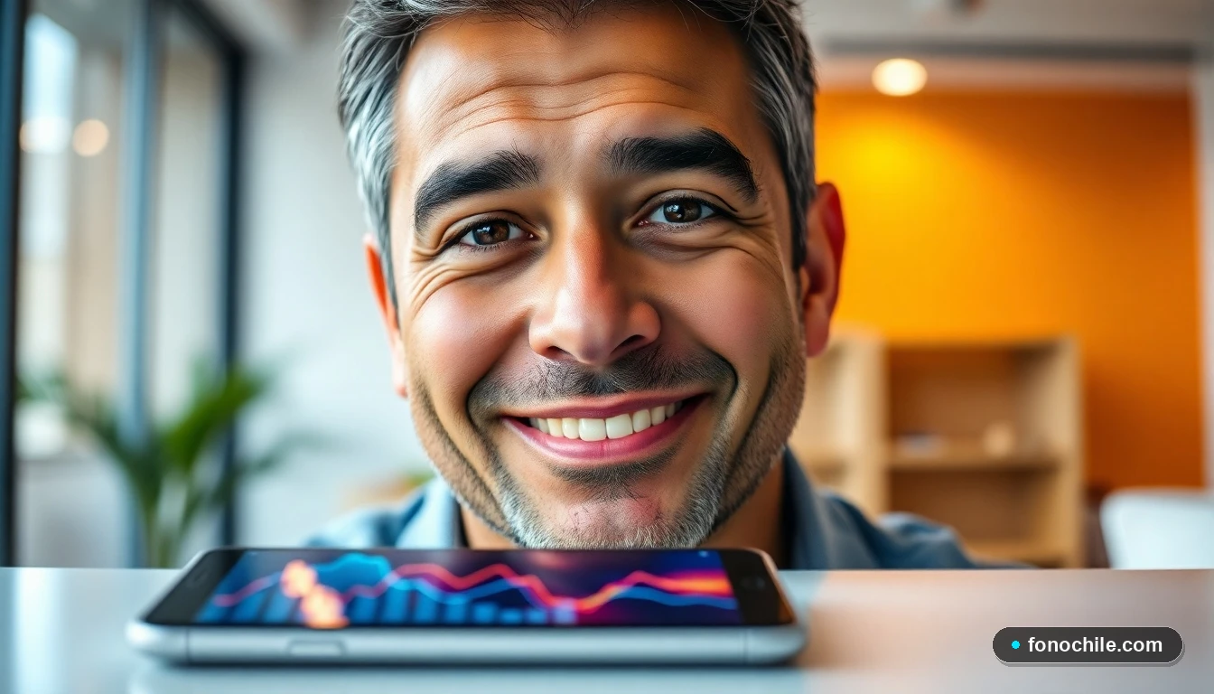 Un hombre hispano, representante de Walmart Chile, con dispositivos digitales mostrando gráficos abstractos en primer plano.