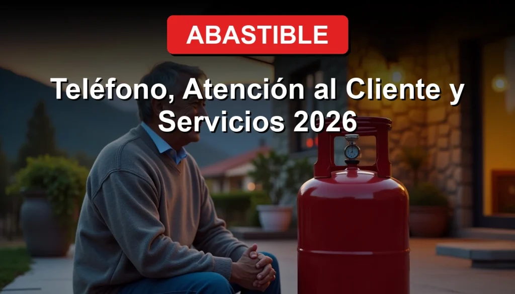 Un hombre sonriente, cliente de Abastible, observa con satisfacción el indicador de nivel de su cilindro de gas licuado en el patio de su casa, con un paisaje andino de fondo al atardecer.