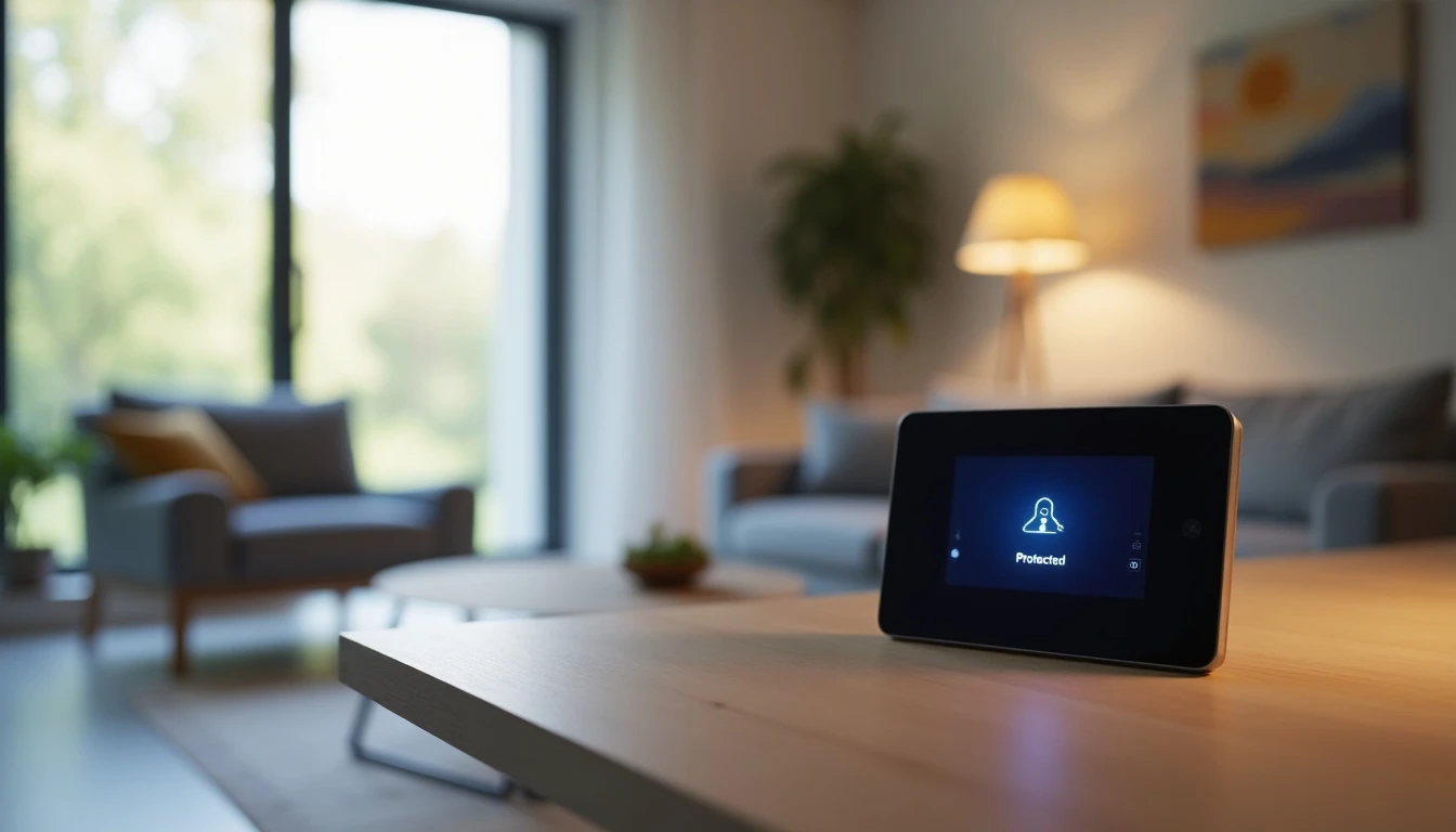 Panel de control de seguridad ADT moderno en un hogar, mostrando estado de protección activa.