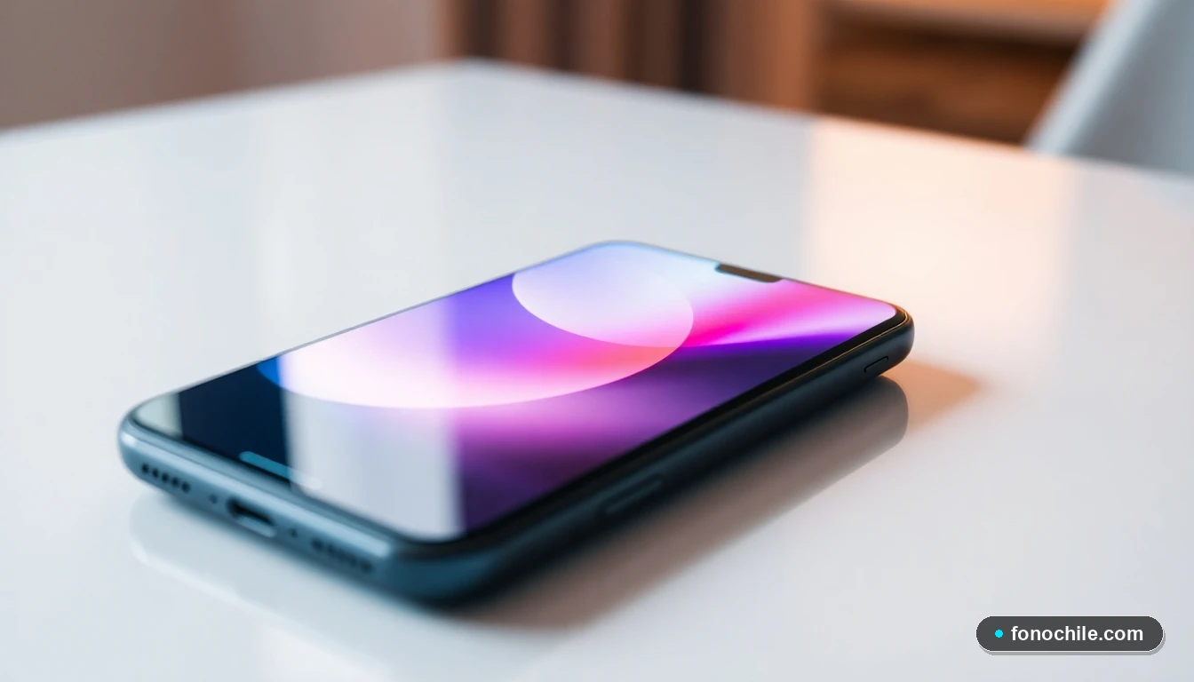 Primer plano de un teléfono inteligente moderno sobre una mesa, con su pantalla mostrando una interfaz genérica y gráficos de colores suaves.