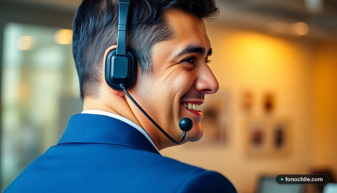 Agente de servicio al cliente de American Airlines escuchando atentamente con un auricular profesional.