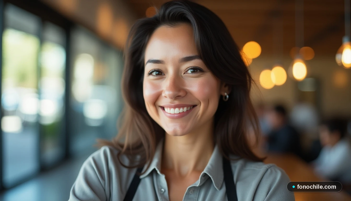 Agente de servicio al cliente sonriendo en un entorno profesional y acogedor.