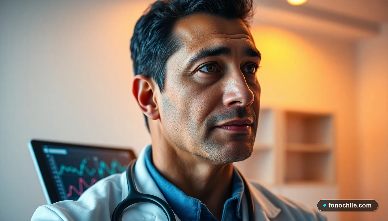 Un médico hispano de Clínica Belenus escuchando con atención en una consulta moderna, con una tablet mostrando gráficos en el escritorio.