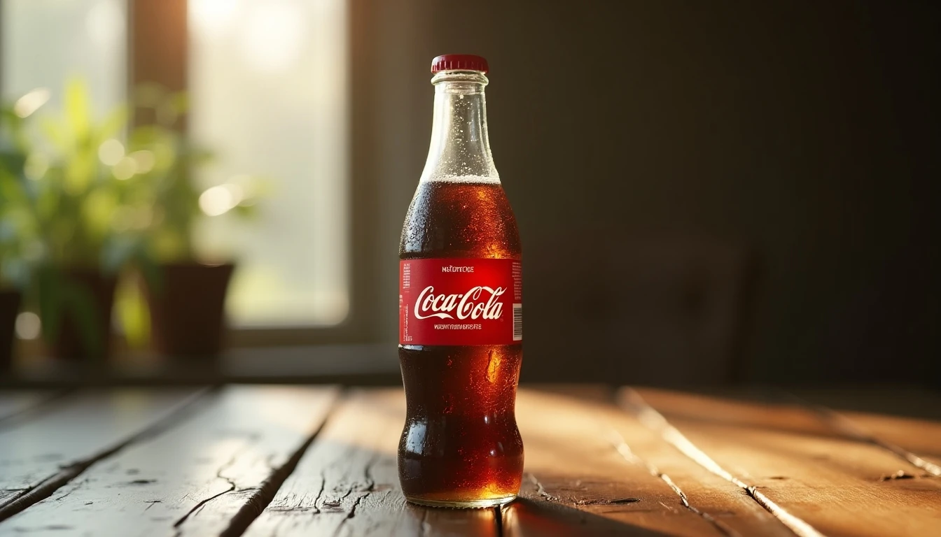 Botella de vidrio de Coca-Cola clásica con condensación, lista para disfrutar.