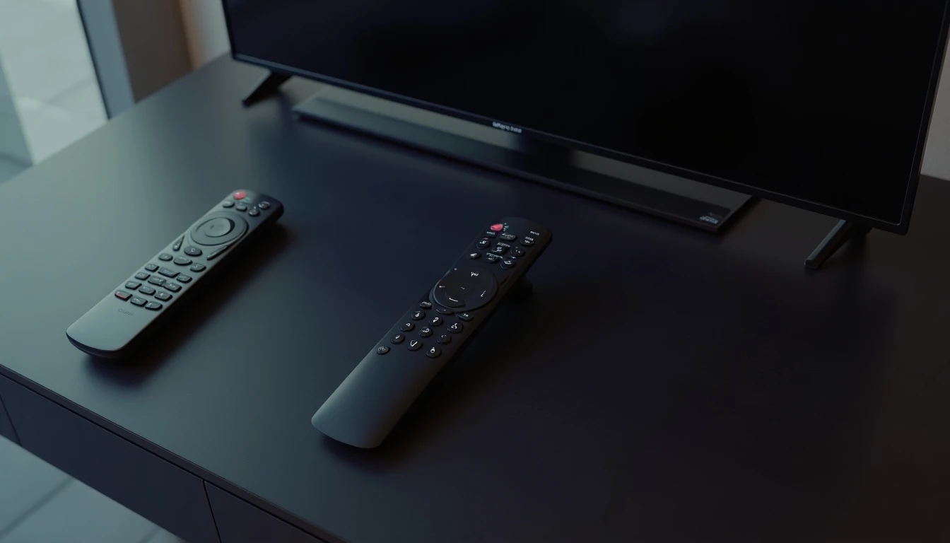 Control remoto DIRECTV y pantalla con logo en mesa de madera - Servicio de televisión satelital en Chile