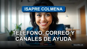 Una mujer hispana sonriendo, representando el servicio al cliente de Isapre Colmena, con un teléfono inteligente mostrando gráficos abstractos en su escritorio.