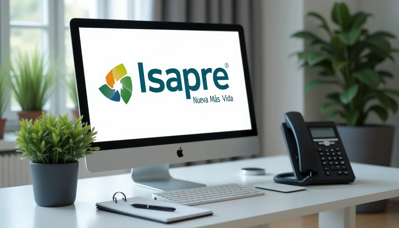 Oficina moderna con teléfono y computador mostrando logo de Isapre Nueva Más Vida para contacto