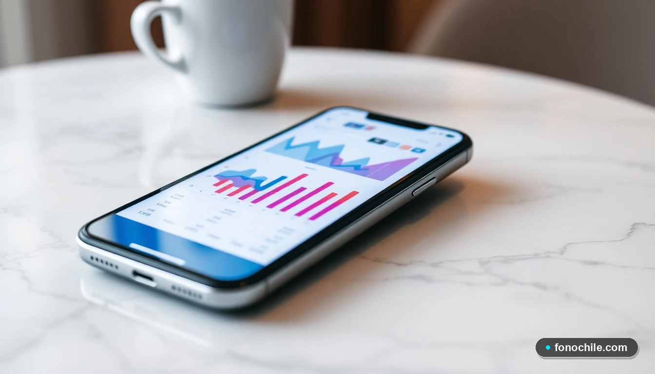 Un teléfono inteligente moderno sobre una mesa, mostrando gráficos abstractos de colores, representando las herramientas digitales y la banca en línea de Itaú Corpbanca.