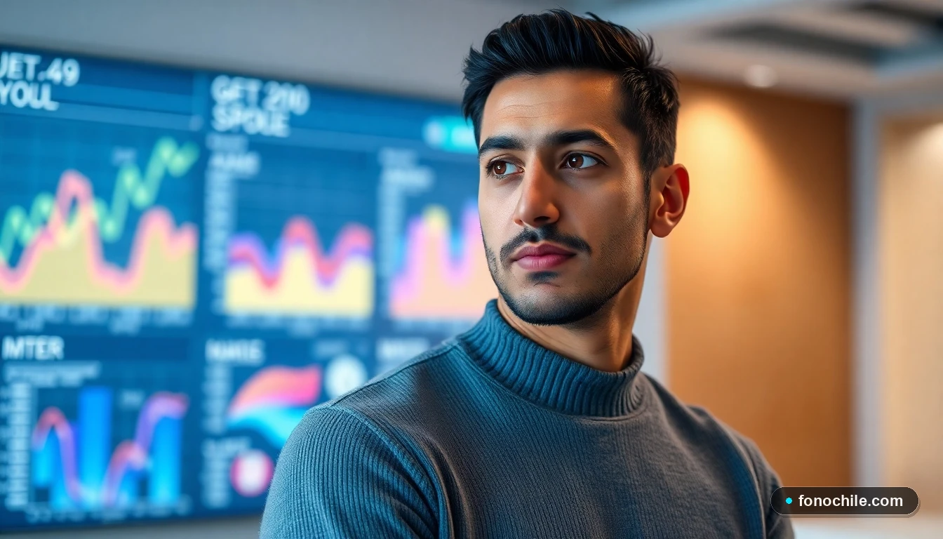 Hombre hispano, agente de soporte de Mundo Pacífico, atendiendo una consulta en una oficina moderna con pantallas de datos en el fondo.