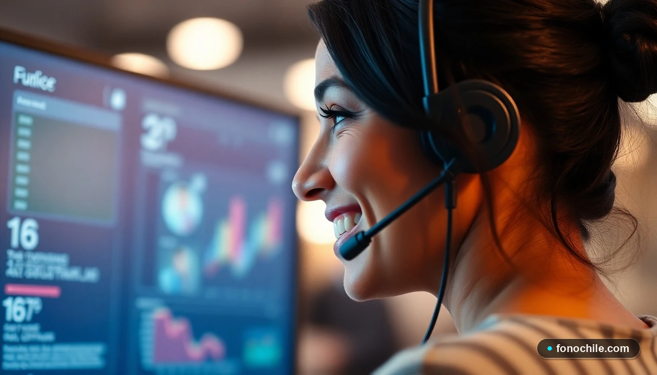 Agente de atención al cliente de Pizza Hut Chile sonriendo mientras trabaja en un entorno profesional moderno.