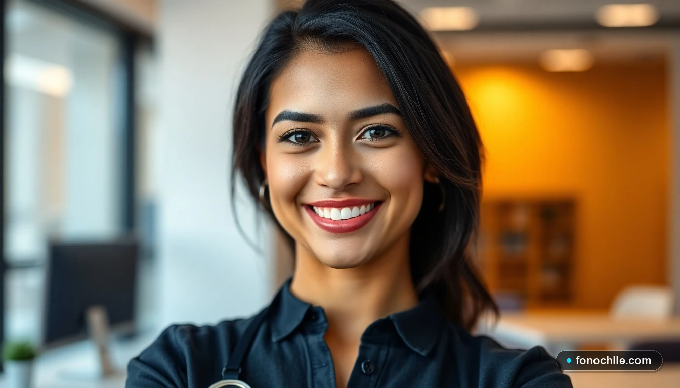 Primer plano de agente de servicio al cliente de Pullman Bus sonriendo, en un entorno profesional cálido y acogedor.