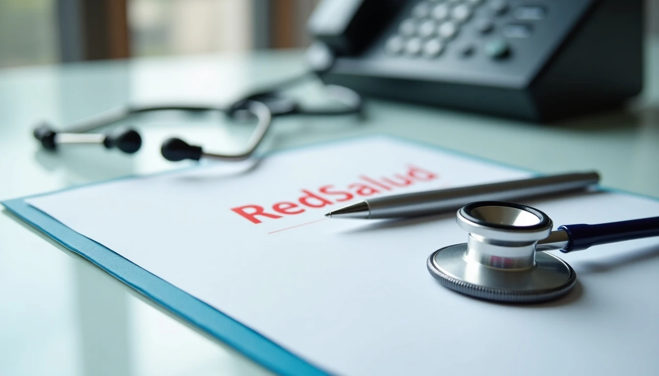 Elementos de contacto y salud de RedSalud en un escritorio organizado