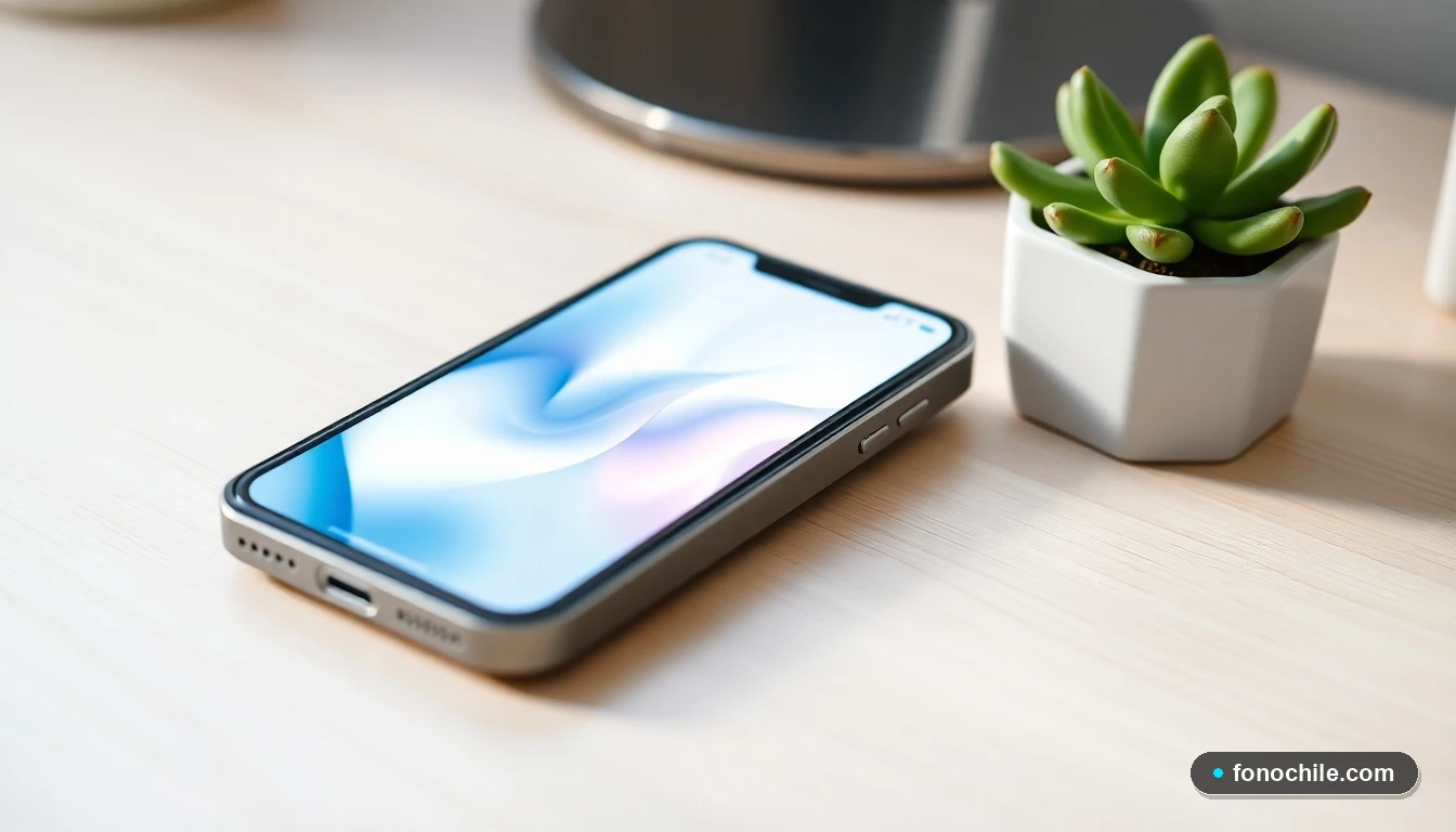 Primer plano artístico de un teléfono inteligente en una mesa de madera clara, mostrando gráficos abstractos de colores suaves en su pantalla.