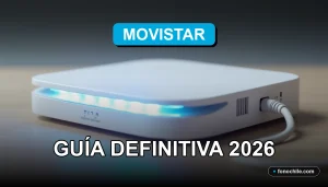 Un moderno router de fibra óptica Movistar descansa sobre una mesa de madera clara, con luces LED azules y blancas encendidas.