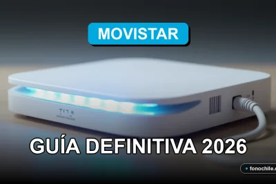 Un moderno router de fibra óptica Movistar descansa sobre una mesa de madera clara, con luces LED azules y blancas encendidas.