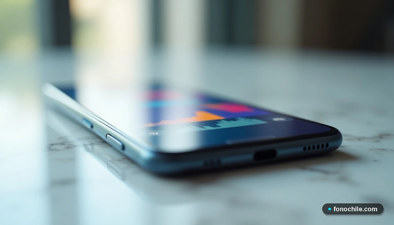 Primer plano de un smartphone sobre una superficie de mármol, mostrando gráficos abstractos en su pantalla.