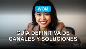 Una mujer latina sonriente, representando el servicio al cliente de WOM, en un entorno profesional y moderno.