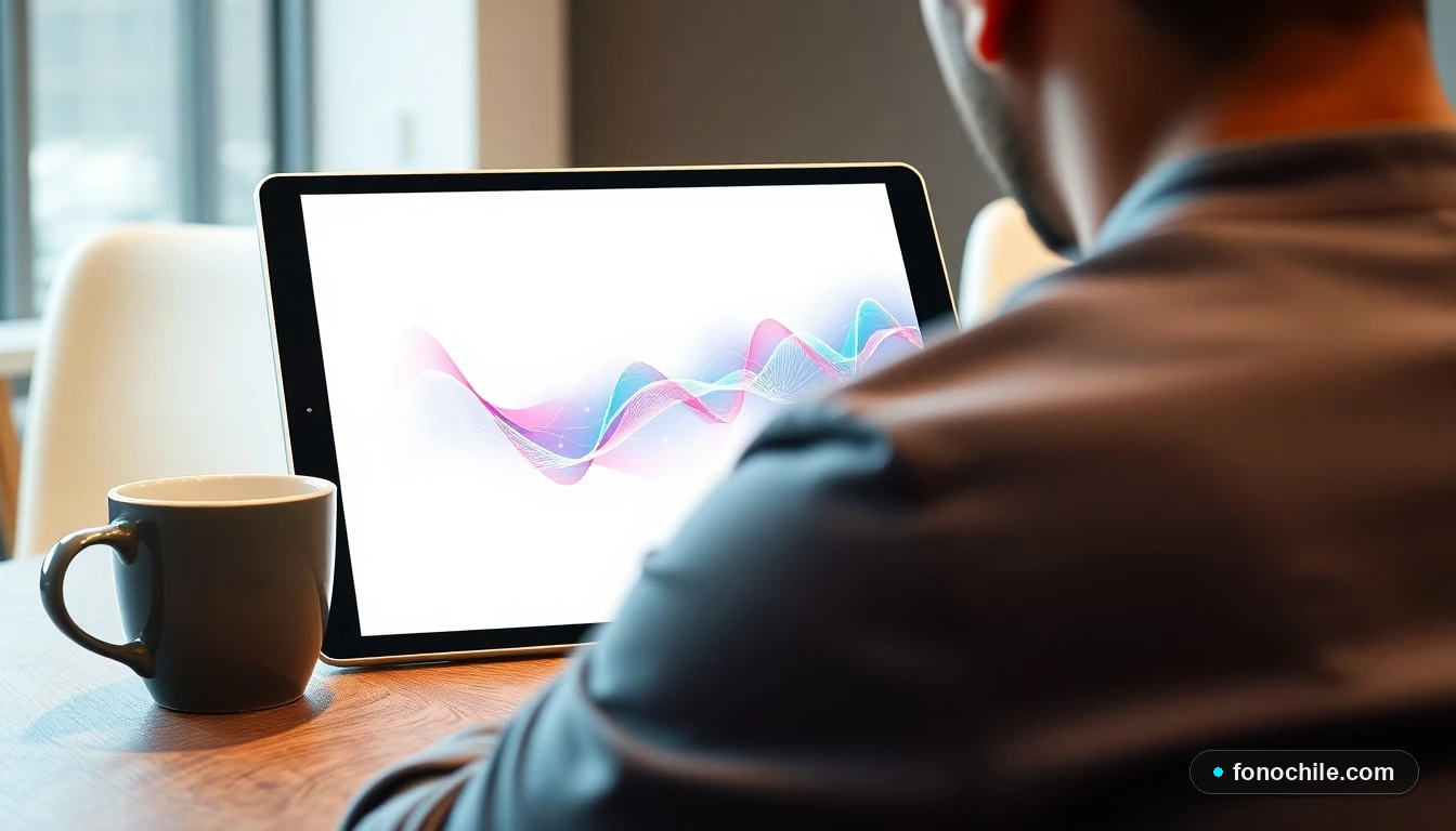 Gráfico abstracto de conectividad y flujo de datos en una tableta, representando el soporte técnico de telecomunicaciones.