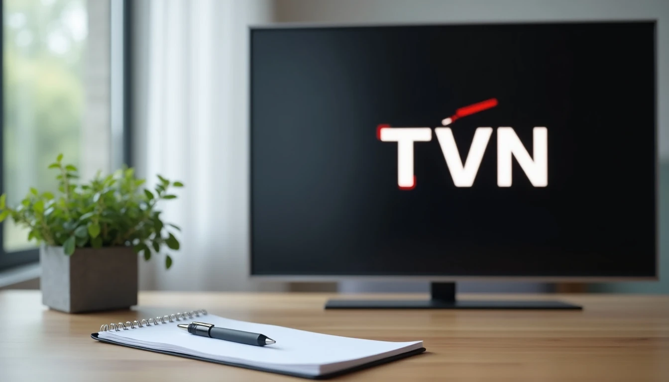 Logo de TVN y elementos de contacto sobre un escritorio moderno