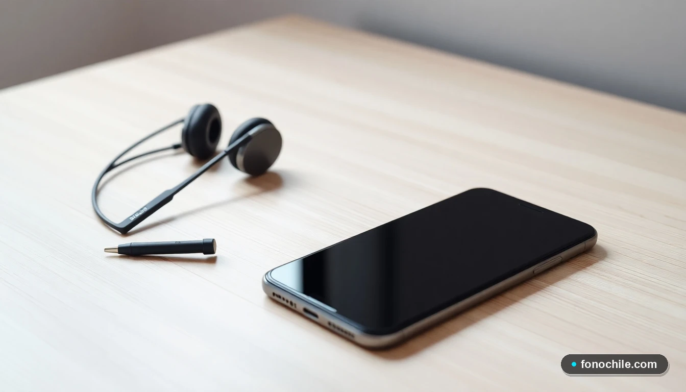 Smartphone y auriculares profesionales sobre una mesa de trabajo moderna, representando los canales de contacto de TVN