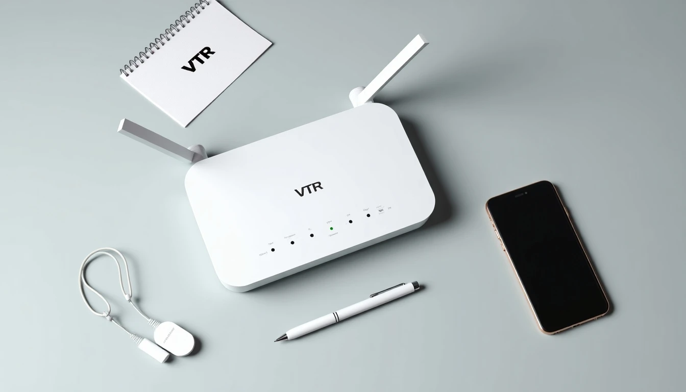 Elementos esenciales para contactar al servicio al cliente de VTR: router, teléfono y notas.