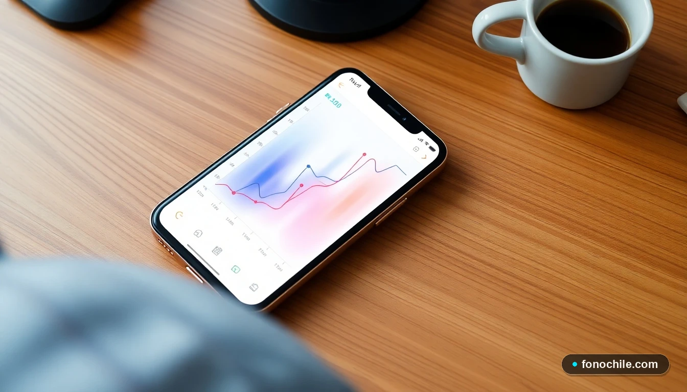 Smartphone mostrando una app de gestión de vuelos con gráficos de rutas aéreas coloridos y abstractos.