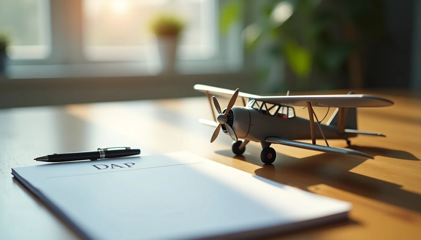 Avión modelo y logo de Aerovías DAP en un escritorio, representando la conexión y servicio al cliente.