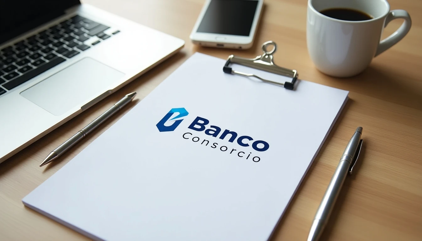 Escritorio profesional con elementos de contacto del Banco Consorcio