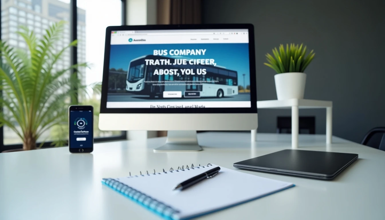 Oficina moderna con información de contacto de Buses Romani en pantalla