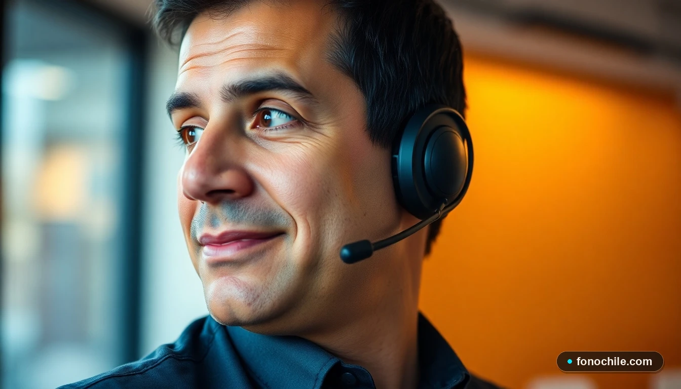 Agente de atención al cliente de autobuses Romani escuchando atentamente a través de auriculares en la oficina.
