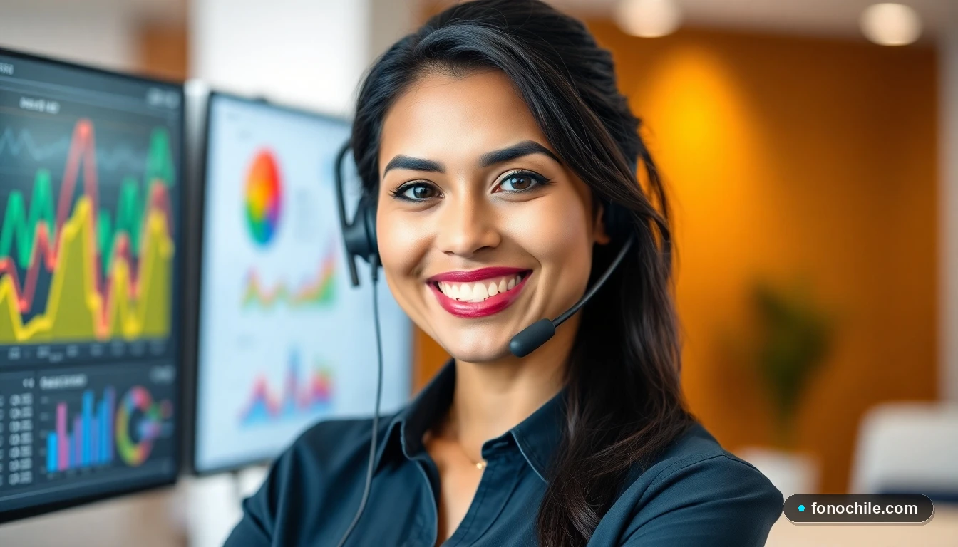 Representante de atención al cliente sonriente en las oficinas del Complejo Deportivo Juan Pinto Durán.