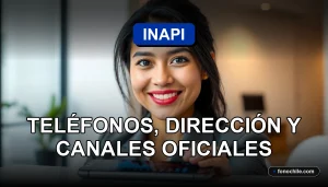 Una mujer hispana sonriente, representando el servicio de atención al cliente de INAPI, con un teléfono inteligente moderno mostrando gráficos abstractos de colores.
