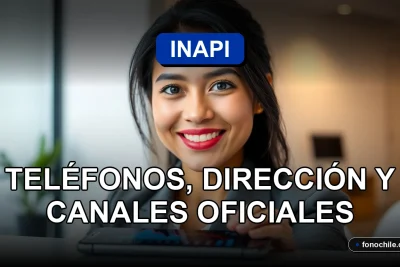 Una mujer hispana sonriente, representando el servicio de atención al cliente de INAPI, con un teléfono inteligente moderno mostrando gráficos abstractos de colores.