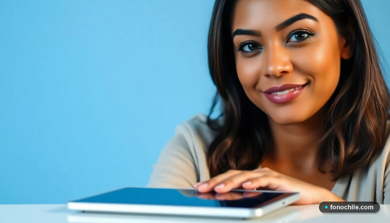 Primer plano de una representante de servicio al cliente de INAPI, con una interfaz digital genérica desenfocada en primer plano.