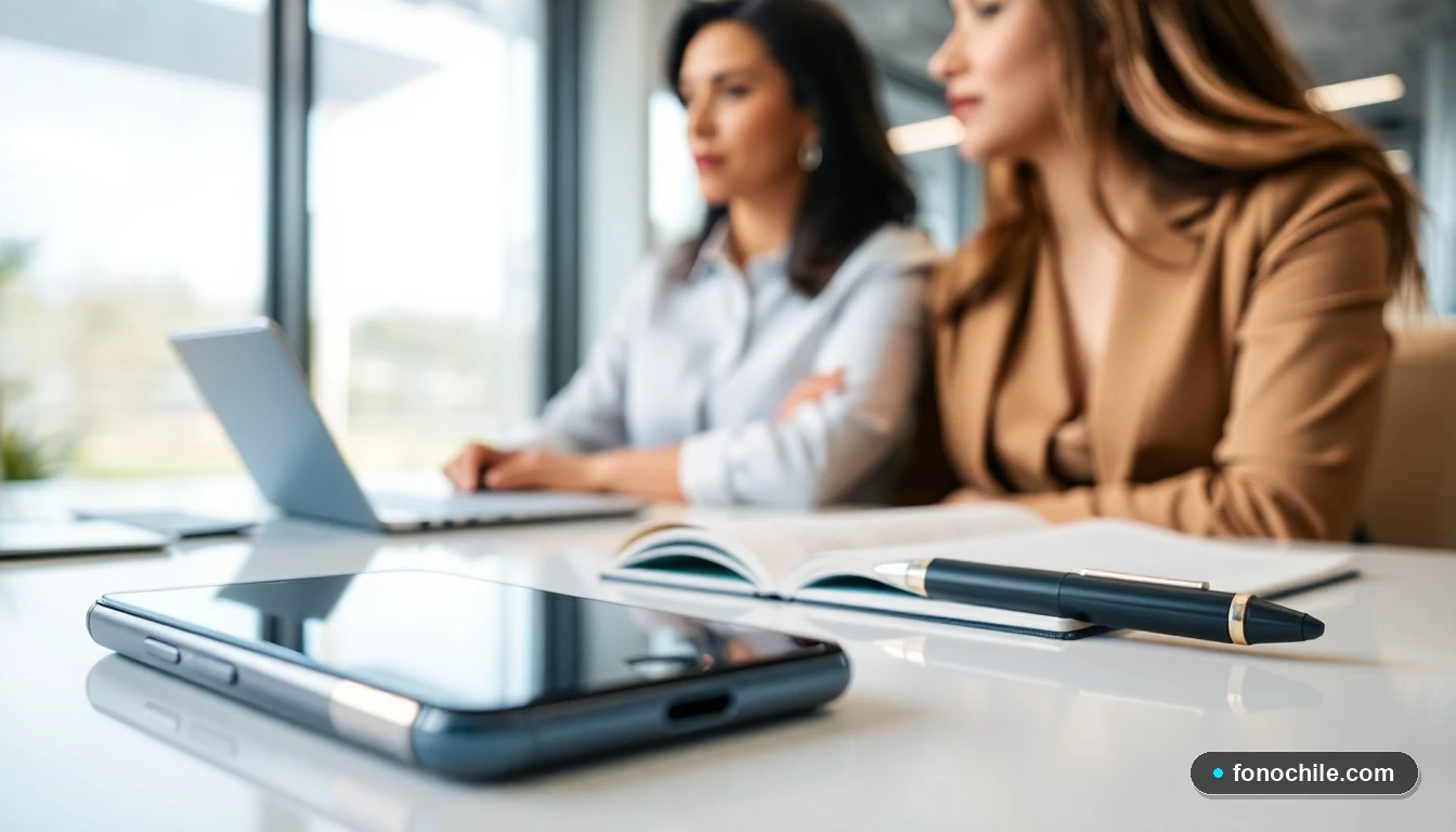 Detalle de herramientas de comunicación en oficina del INDH Chile: teléfono y agenda en escritorio minimalista.