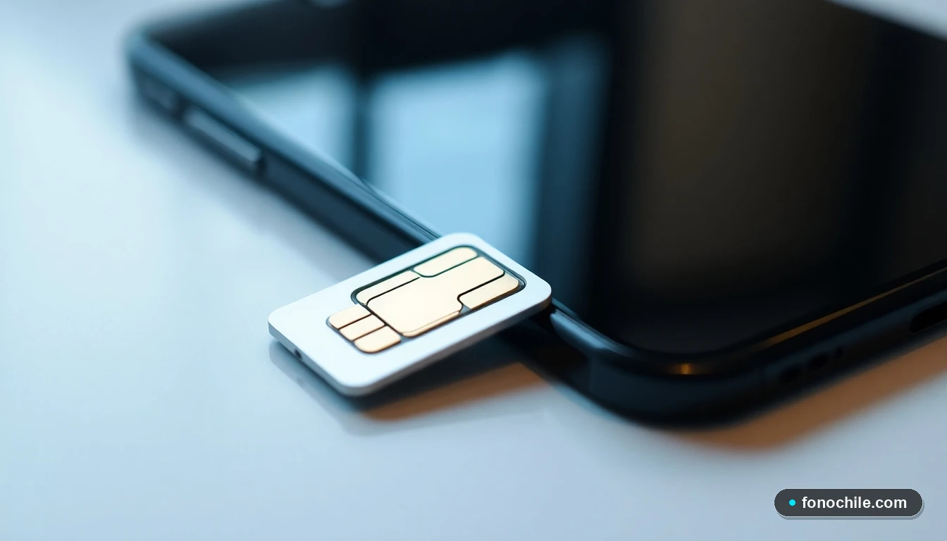 Primer plano detallado de una tarjeta SIM y un teléfono inteligente en un escritorio minimalista, simbolizando portabilidad y activación de servicios de telecomunicaciones.
