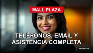 Mujer latina sonriente, representante de servicio al cliente de Mall Plaza, en un entorno corporativo moderno.