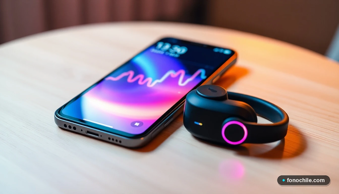 Smartphone y auriculares inalámbricos modernos sobre una mesa, representando los canales de contacto de PC Factory.