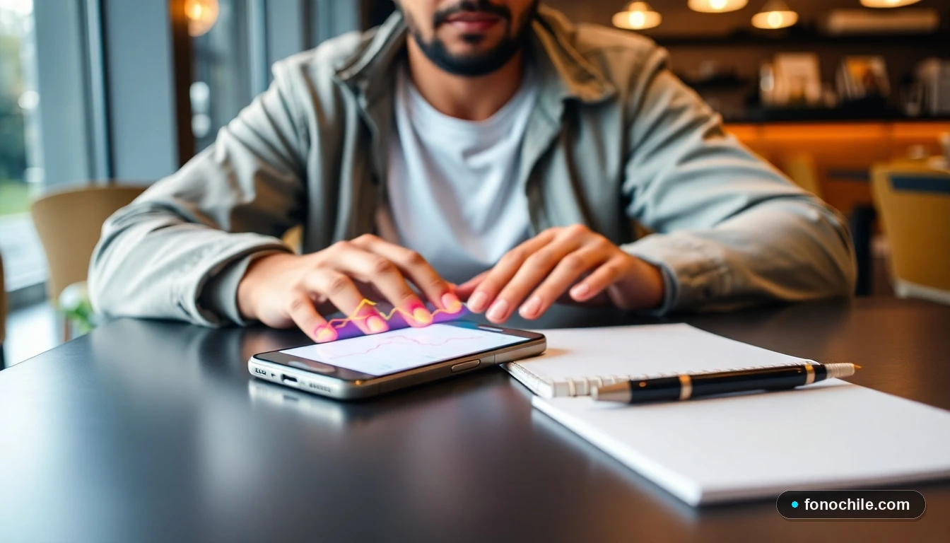 Hombre revisando datos de atención al cliente en su smartphone en un entorno moderno en Chile.