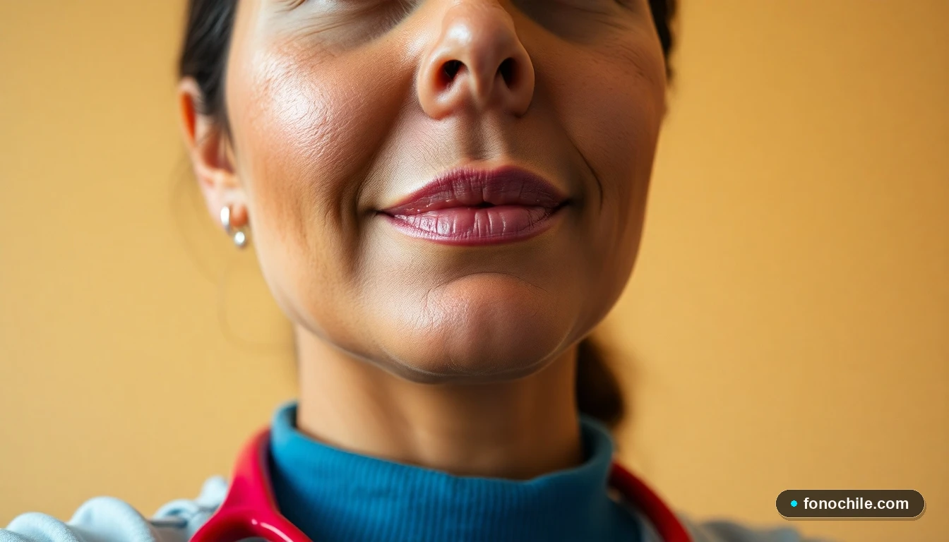 Primer plano de la representante de Ruta del Maipo escuchando atentamente en un entorno neutral.