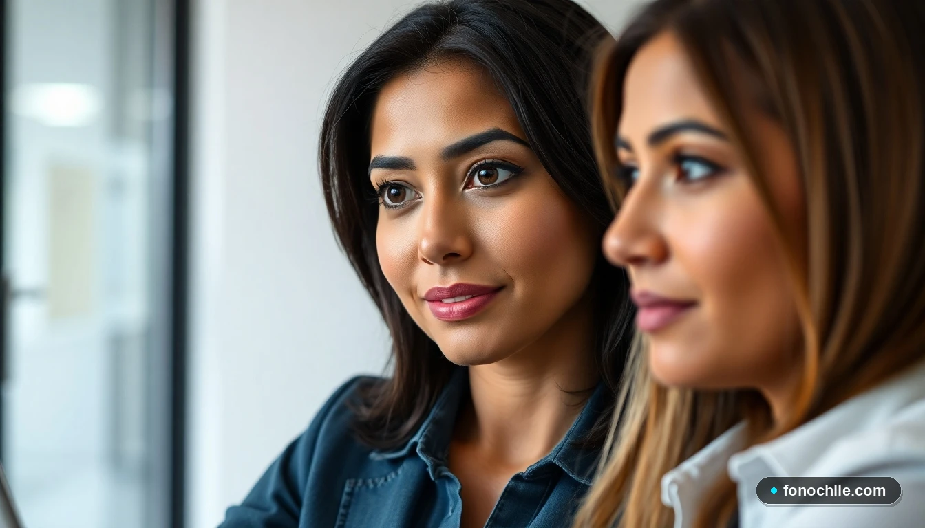 Estudiante o profesional hispana escuchando atentamente en las oficinas de la Universidad Católica de Chile.